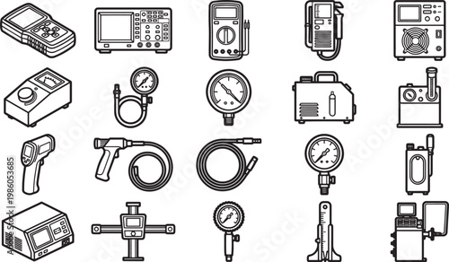 A comprehensive collection of industrial instruments and measuring devices, presented in a clean, high-contrast, black-and-white vector format, perfectly suited for illustrating engineering concepts.