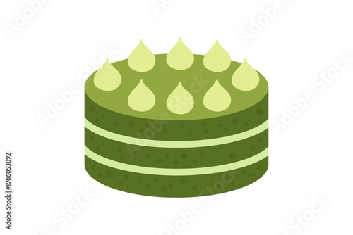 Slice of layered matcha green tea cake with creamy frosting. Gourmet Japanese dessert with delicate sponge and green tea flavor. Perfect for cafe menus, bakeries and food blogs