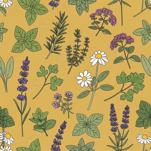 Culinary and Medicinal Herbs Pattern Hand Drawn Botanical Illustration Seamless Design