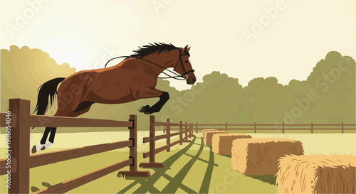 Spirited bay horse agilely jumping over a rustic wooden fence in sunny farm setting  