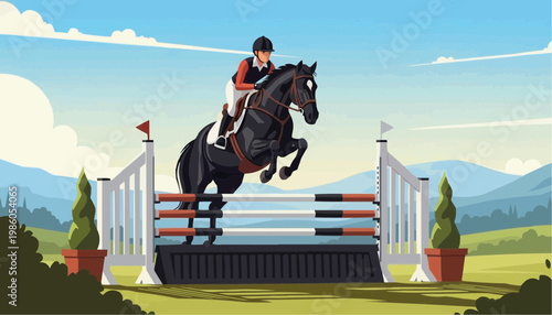 Equestrian rider jumping over obstacle on a horse in countryside