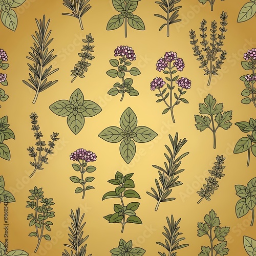 Herbal Garden Pattern Fresh Culinary Herbs Seamless Background