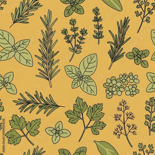 Herbal Pattern Fresh Green Leaves and Sprigs on Ochre Background