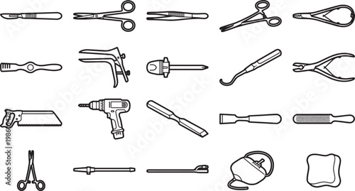 A detailed overhead shot showcases various sterile surgical tools arranged in an organized display, meticulously designed and ready for the operation. 
