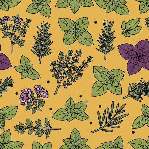 Herbal Delights Pattern Fresh Basil Rosemary Thyme and Lavender