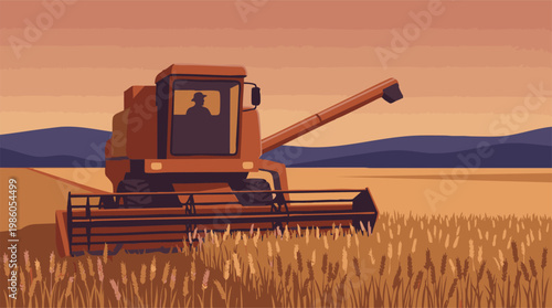 Combine harvester at work in a golden wheat field during harvest season