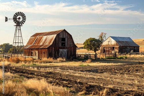 Rustic Wooden Barn and Windmill at Sunset in Countryside Landscape