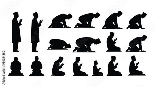 Silhouettes depicting various stages of islamic prayer showing diverse positions of worship high quality professional detailed