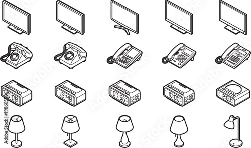 Isometric depiction of the common technology and decor: screens, telephones, alarm clocks, lamps, all presented in a sleek, minimalist style.