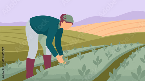 Farmer working in agricultural field, cultivating crops, flat illustration