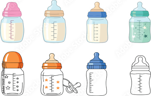 Baby feeding bottles set with milk measurement scale pacifier and colorful infant containers newborn nutrition childcare illustration collection