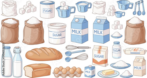 Baking ingredients and kitchen tools set with sugar milk eggs bread flour containers measuring cups and utensils illustration collection