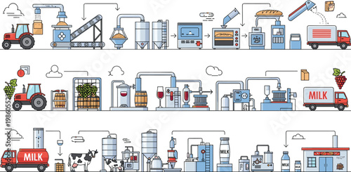 Food production process set with bread baking wine making and milk processing factory line agriculture industry workflow illustration collection