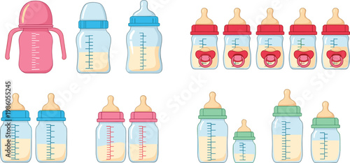 Baby feeding bottles and sippy cups set with pacifiers milk containers newborn nutrition accessories colorful infant care collection illustration