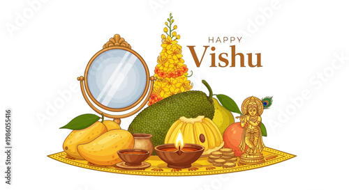 A festive Vishu Kani concept displays traditional elements like a mirror, jackfruit, and golden shower flowers arranged on a platter for the Malayalam New Year celebration, set