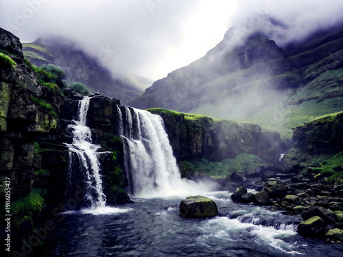 Majestic Waterfall Cascading Down Lush Green Mountains in Misty Fog nature landscape vector illustration