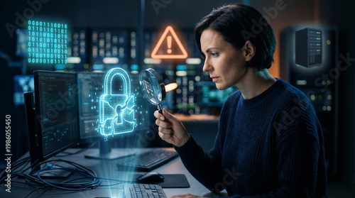 Cyber security analyst checks data breach warning in dark office global instability