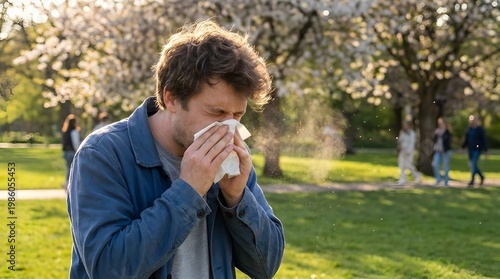 Young man sneezing into a tissue from spring pollen allergy or hay fever or allergic rhinitis