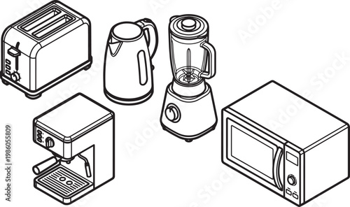 Collection of various kitchen appliances, meticulously illustrated. Representing modern domesticity with sleek lines and a touch of minimalism.