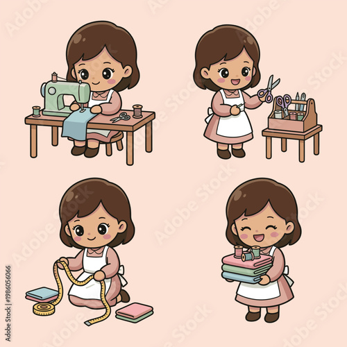 Girl working in tailoring workspace with sewing machine and fabrics