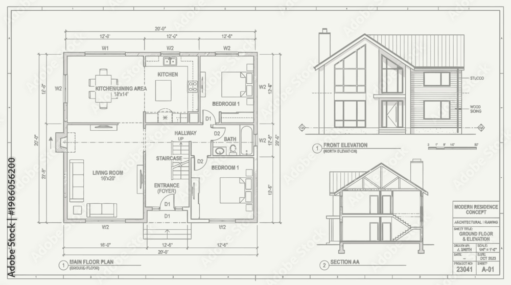 Fototapeta premium Modern Residence Architectural House Plan and Elevation Illustration