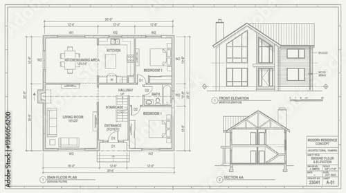 Modern Residence Architectural House Plan and Elevation Illustration