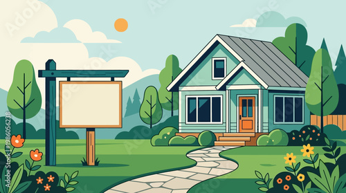 Flat vector illustration of a modern house with a blank yard sign