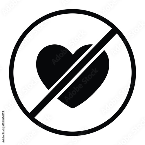 Heart silhouette with prohibited sign icon for no love, heartbreak, and anti-romance concept isolated on white background