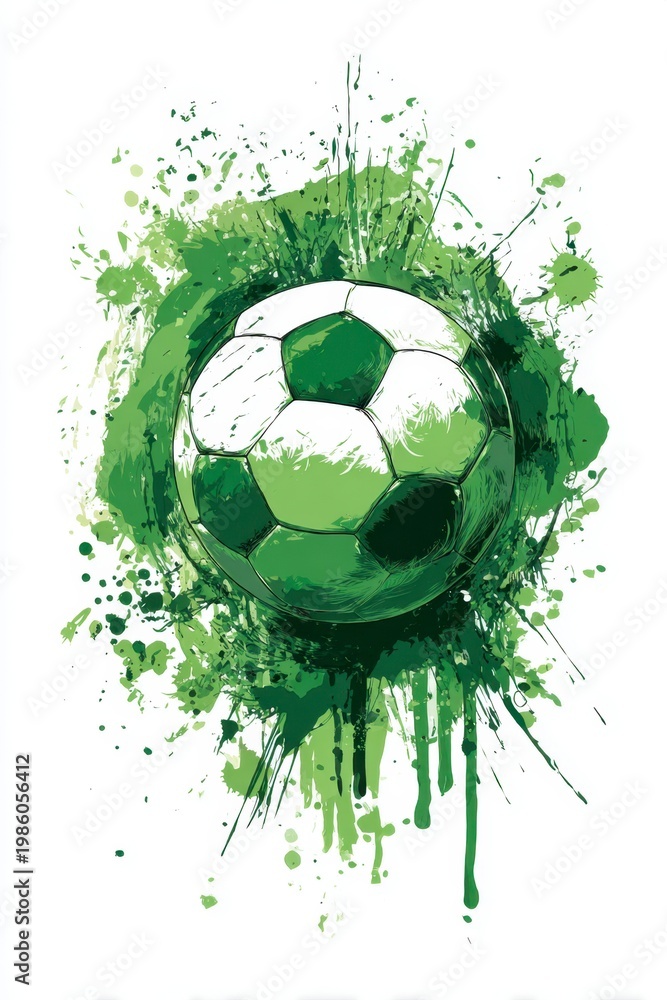 Naklejka premium Classic black and white soccer ball bursting with energetic green paint splashes and drips.