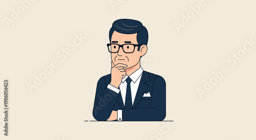 Businessman in suit thinking with hand on chin cartoon illustration