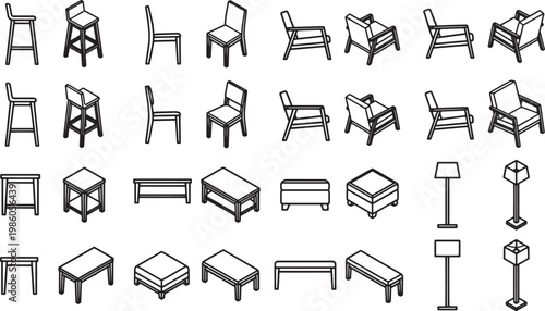 Array of various furniture, presented as isometric illustrations, perfect for design and architectural projects.