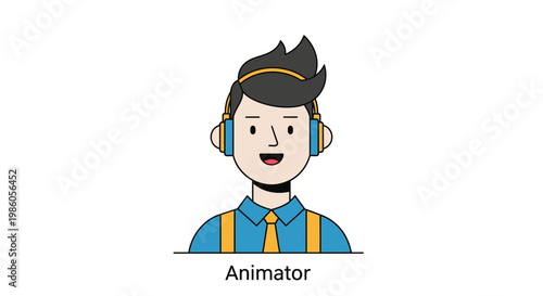 Cartoon animator character with headphones and modern outfit on white background