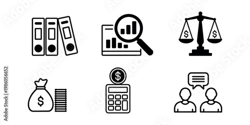 Business finance including binders calculator money bag scales and people talking business finance accounting