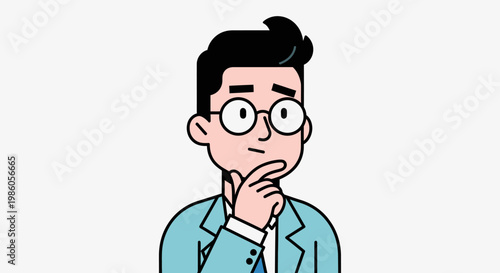 Cartoon man in glasses thinking with hand on chin on a white background