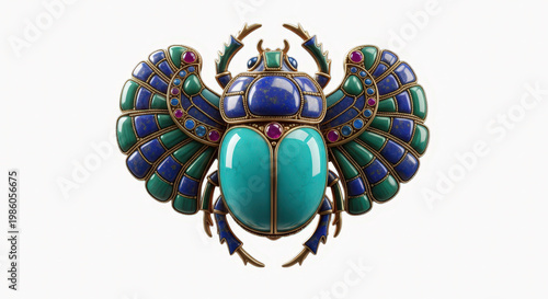 Ornate egyptian scarab beetle brooch with turquoise lapis lazuli and gemstones