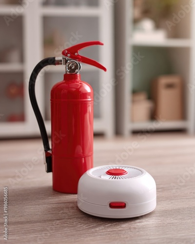 Smoke detector and fire extinguisher in home, injury prevention, household safety, accident prevention measures, preparedness for health emergencies