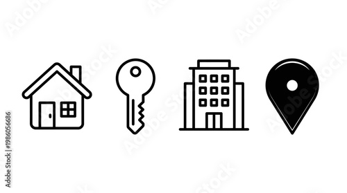 Real estate icon set featuring house key office building and map pin