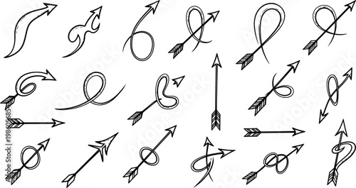 Collection of hand drawn black and white arrows in various styles and directions ideal for design elements