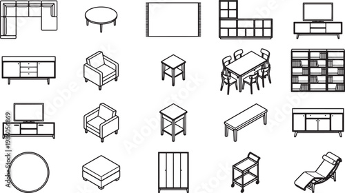 An array of minimalist furniture and home decor icons. Modern interior design elements isolated on a plain background. 