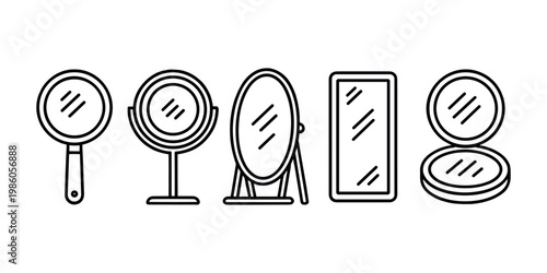 Collection of five black line of various mirrors hand mirror vanity mirror standing mirror makeup mirror