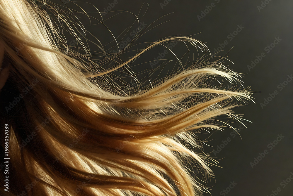 Fototapeta premium Subject: A close-up of flowing golden hair. Action: The hair is blowing in the wind or air. Setting: A dark, blurred background suggests an outdoor setting.