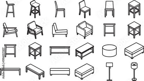 An array of furniture illustrations, featuring chairs, stools, tables, and ottomans, showcasing a range of modern furniture.