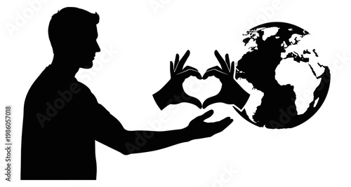 Man's silhouette forming heart shape with hands near planet Earth against white background