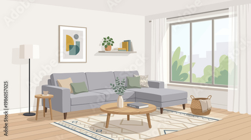 Modern Minimalist Living Room Illustration with Grey Sectional Sofa