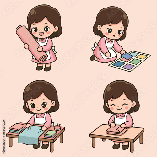 Girl working with colorful fabrics and materials