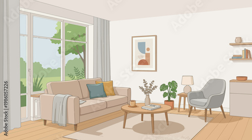 Minimalist Living Room Interior Vector Illustration with Garden View