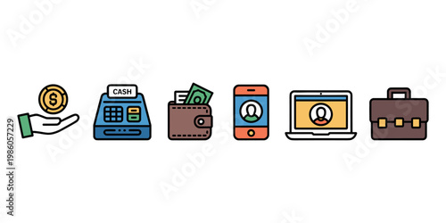 Hand holding coin cash register wallet smartphone laptop briefcase dollar money in white background