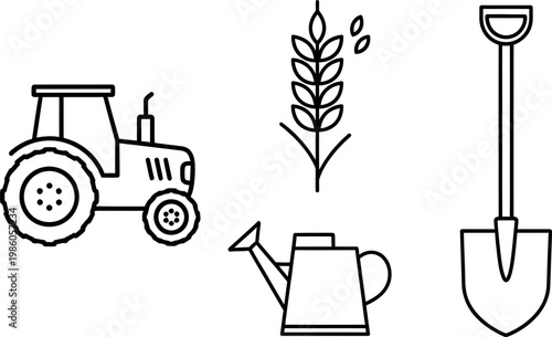 Agricultural tools and crops a black and white line drawing representing farming essentials