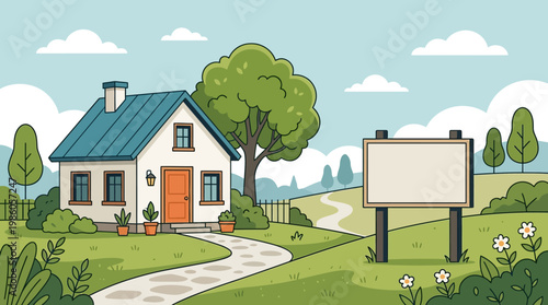 Cozy Small House in Green Landscape with Blank Sign Vector