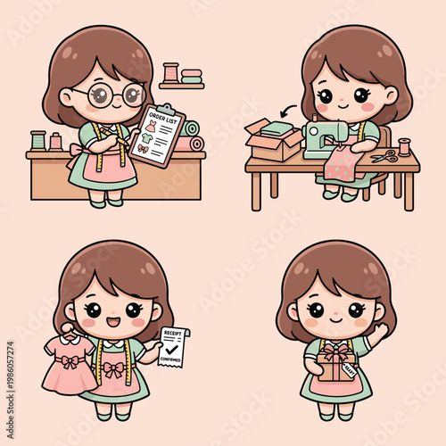 Cartoon girl ordering and making clothes